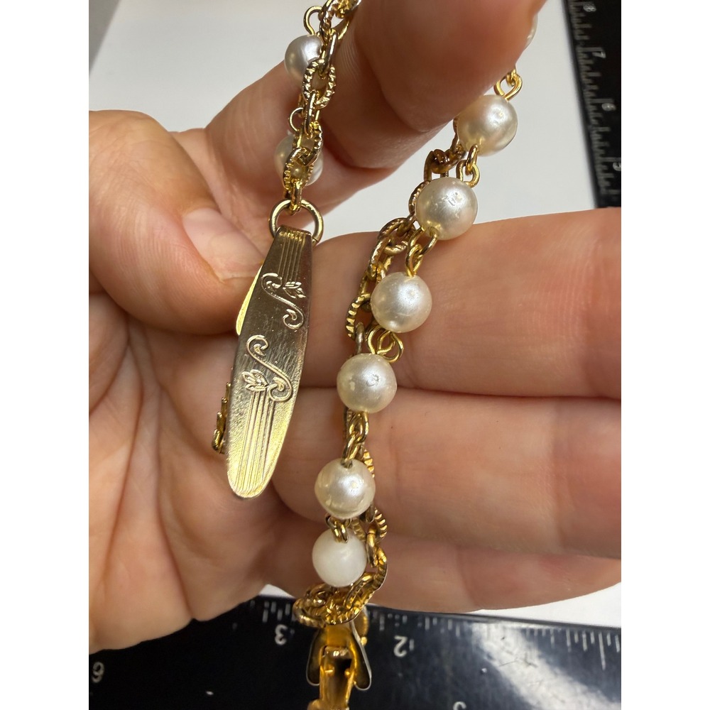 Vintage Faux Pearl Sweater Guard Gold Tone Double Strand Cardigan Clips Engraved